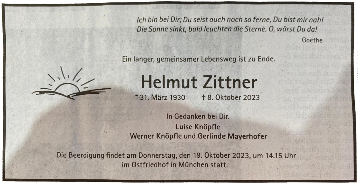 Traueranzeige für Helmut Zittner